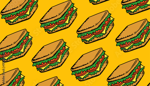 Sandwich Seamless Pattern. Hand Drawn Fast Food Illustration. Sandwich Repeating Background. Minimal Doodle Vector Texture.
