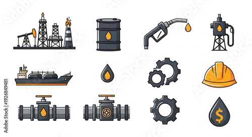 Oil industry icons representing various aspects of petroleum production and distribution.