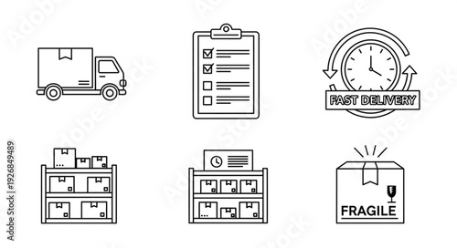 Logistics and delivery concept with truck, checklist, and warehouse icons.