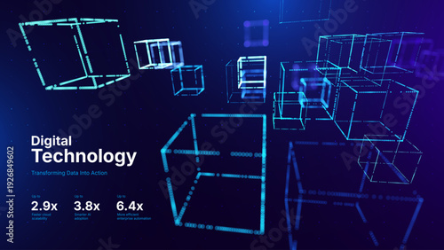 Technology Digital Particles Flow Background with Blue Glowing Data Lines for Science Research, AI Artificial Intelligence, and Big Data Presentation. Futuristic Abstract Vector Illustration.