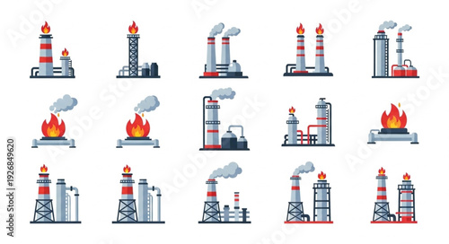 Illustrative depiction of various industrial refinery plants and structures with smoke.