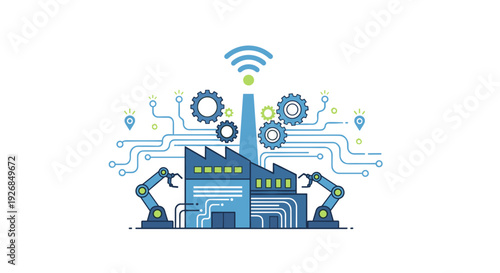 Industrial Factory with Robotics and WiFi Connectivity.