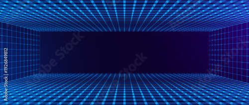 Futuristic Digital Grid Room Background with Perspective Neon Lines. Virtual Reality and Cyber Technology Space Concept for Data Visualization and Innovation Design. Vector Illustration