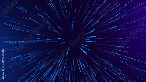 Particles Blast Circle Frame. Particles Shockwave Explosion Effect Background. Abstract Digital Eye Iris. Radial Sound Explosion Wave Music Visualization. Vector Illustration.