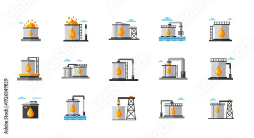 Oil storage tanks and industrial equipment for petroleum processing.