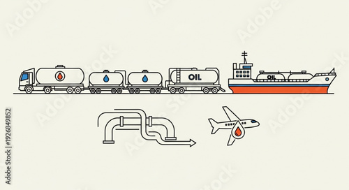 Oil transportation methods - train, ship, pipeline, and airplane delivery.