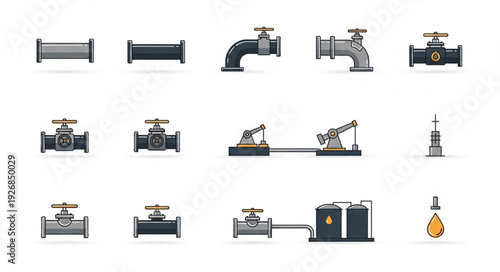Collection of various industrial pipes and valves for fluid transportation and control.