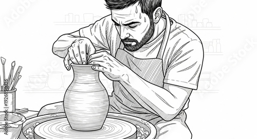 Artisan meticulously shaping clay on a pottery wheel, creating a ceramic masterpiece.