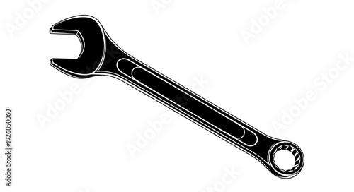 Detailed black wrench tool isolated on a white background, perfect for repair and construction.