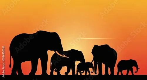 Fototapeta Elephant Family Silhouette at Sunset.