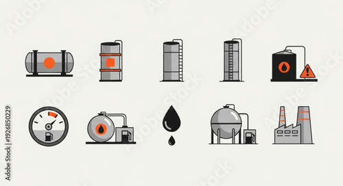 Oil and gas industry equipment illustration, storage tanks and barrels.