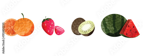 Set watercolor painted collection of fruits. Hand drawn vector fresh sliced fruit design elements isolated on white background. Strawberry, orange, kiwi, watermelon.