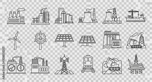 Diverse energy production and industrial infrastructure illustrations.