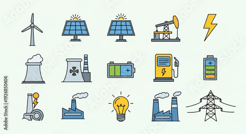 Collection of energy sources and power generation icons for various applications.