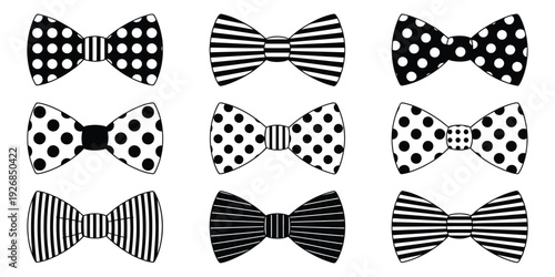 Nine black and white bow ties arranged in a 3x3 grid on a white background, each with a unique pattern or solid black design, vector illustrations for fashion, style, accessories, and professional 