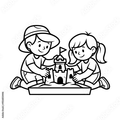 Kids building sandcastle in sandbox while smiling and playing  