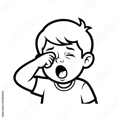 Kid rubbing eyes while yawning in black and white outline style  