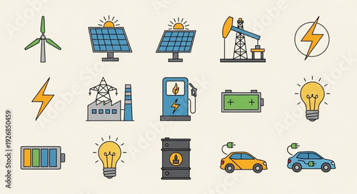 Diverse Energy Sources and Sustainable Power Generation Concepts Illustrated.