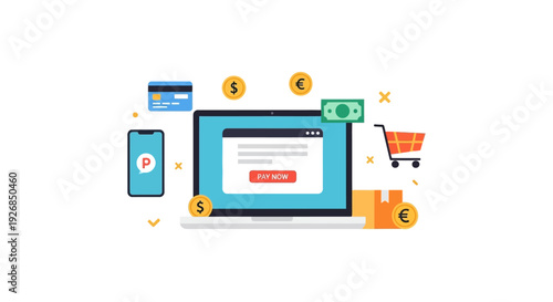 Online Payment, E-commerce, and Digital Transaction Process. Secure Shopping and Checkout with Credit Card, Mobile App, Laptop, and Delivery.