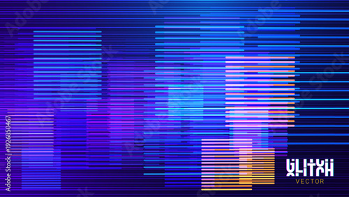 Abstract Glitch Horizontal Lines Background. Unique Design Abstract Digital Noise Glitch Error Video Damage Texture. Aesthetics of Vaporwave or Cyberpunk Style. Vector Illustration.