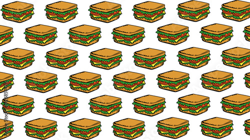 Sandwich Seamless Pattern. Hand Drawn Fast Food Illustration. Sandwich Repeating Background. Minimal Doodle Vector Texture.