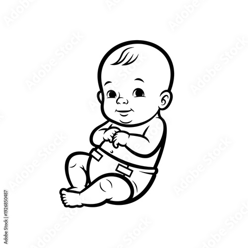 Newborn in clean diaper sitting and smiling with bare skin  