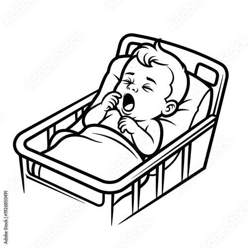 Newborn yawning in hospital crib with blanket and peaceful expression  