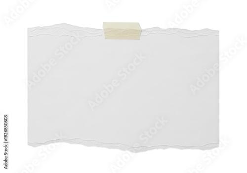 A torn piece of white paper with a small beige tape on a plain background.