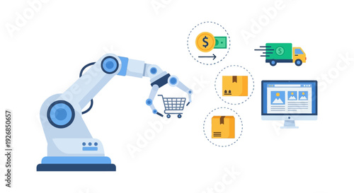 Robotic Arm Automating E-commerce and Online Retail Process Flow - AI and Machine Learning in Smart Logistics and Digital Shopping