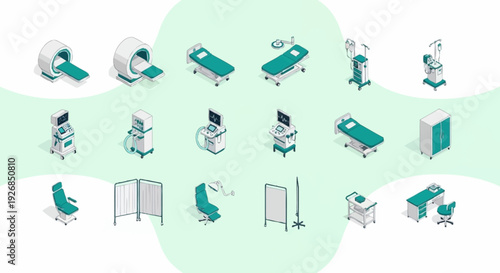 Hospital Room Furniture and Medical Equipment Set.