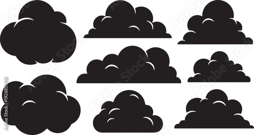 Collection of black cloud silhouettes on white background illustration