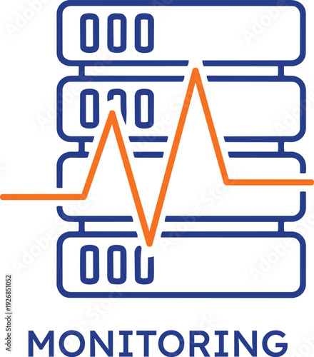 Professional server monitoring icon featuring a blue data storage rack with an orange performance line graph representing real time system analytics and network health for business