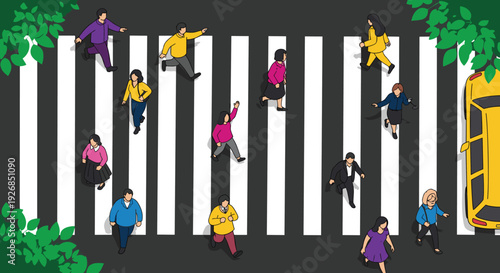 Isometric vector illustration of diverse pedestrians crossing a city street on a zebrawalk with a yellow taxi and green trees for urban life branding