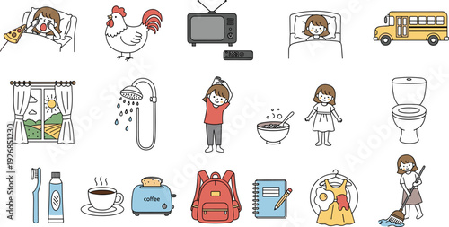 Child Daily Routine Icons Set with Morning Wake Up, School Bus, Shower, Breakfast and Cleaning Activities