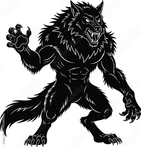 Powerful black vector silhouette of a muscular werewolf monster with sharp claws and teeth for Halloween horror fantasy and mythical creature branding