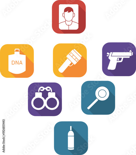 Crime investigation forensic evidence icons set, police detective tools symbols collection isolated on white background illustration