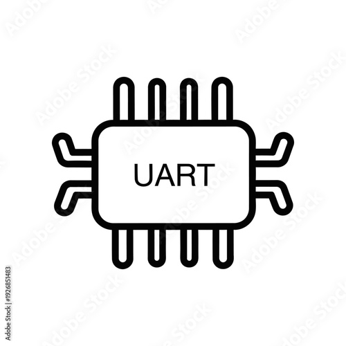 Simple black UART microchip icon with multiple pins on a clean white background, ideal for tech illustrations.