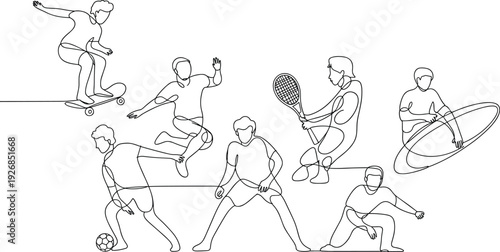 Continuous line sports illustration set, athletes performing dynamic actions, minimal outline figures, active lifestyle concept, modern drawing