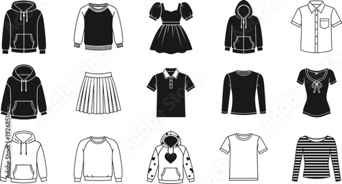 Vector illustration set of casual clothing icons featuring hoodies sweatshirts t-shirts and pleated skirts in black and white for fashion retail and apparel branding