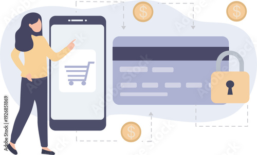 Woman using smartphone for secure online shopping with credit card and padlock. Vector illustration of digital payment protection, financial cybersecurity, and safe mobile transaction concept
