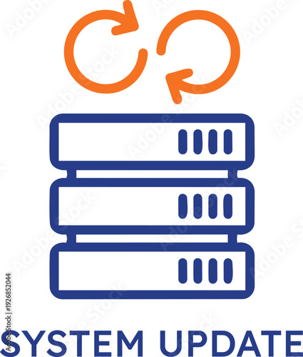 Modern professional flat line icon showing server database system update process with orange sync arrows and blue storage hardware for technology network maintenance and software upgrade