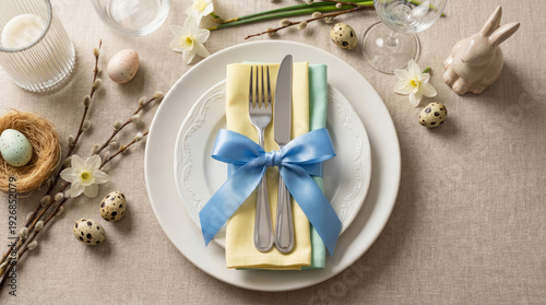 Elegant Easter Table Setting with Colorful Eggs Display.