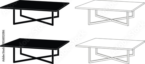 Vector illustration set of modern coffee tables with minimalist cross base legs in black silhouette and outline versions for interior design and furniture branding