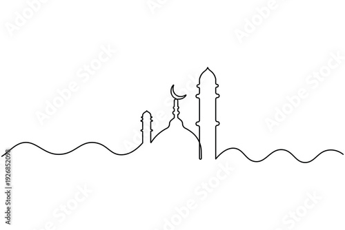 Islamic crescent moon with mosque outline in single line art
