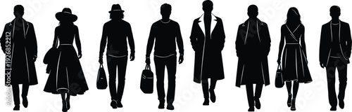 Stylish fashion silhouettes of men and women walking with bags, elegant urban people collection in trendy outfits isolated on white background illustration set