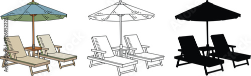 Beach chairs with umbrella silhouette & Outline and illustration set isolated on transparent background