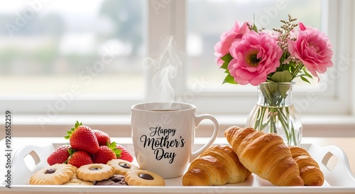 A breakfast tray with a happy mother's day mug and flowers