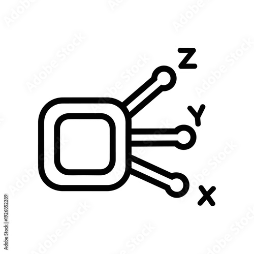 A minimalist black microchip icon with three axes labeled X, Y, Z against a clean white background.