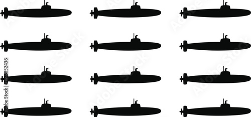 Submarine silhouette icon set military naval underwater vessel collection black submarine shapes sea defense transport vector illustration