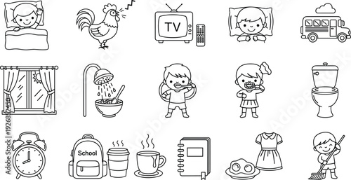 Daily Routine Outline Icon Set with Kids Activities, Morning Wake Up, School, Hygiene and Home Life Line Art Illustrations